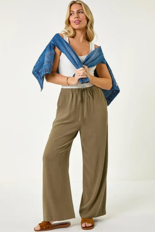 Roman Khaki Petite Linen Mix Wide Leg Trouser