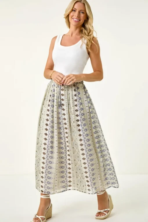 Roman Khaki Petite Metallic Print Tie Front Skirt