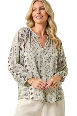 Roman Khaki Petite Metallic Aztec Blouse