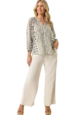 Roman Khaki Petite Metallic Aztec Blouse
