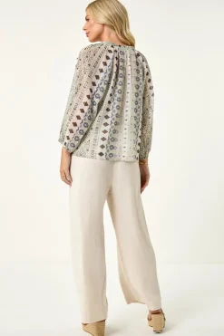 Roman Khaki Petite Metallic Aztec Blouse
