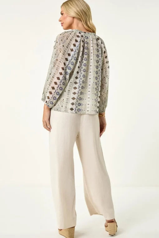 Roman Khaki Petite Metallic Aztec Blouse