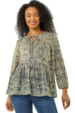 Roman Khaki Petite Metallic Aztec Print Top