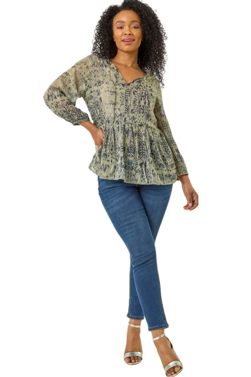 Roman Khaki Petite Metallic Aztec Print Top