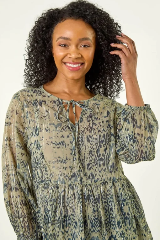 Roman Khaki Petite Metallic Aztec Print Top