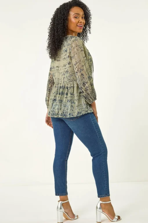 Roman Khaki Petite Metallic Aztec Print Top