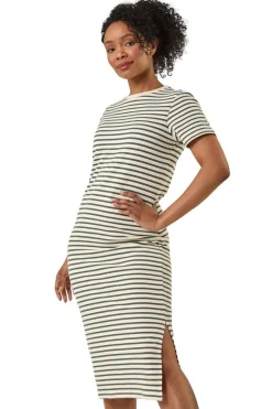 Roman Khaki Petite Stripe Knit Midi Dress