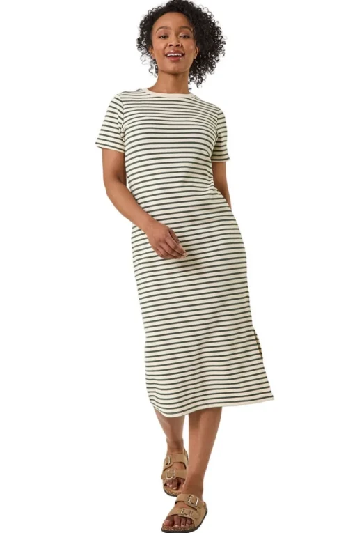 Roman Khaki Petite Stripe Knit Midi Dress