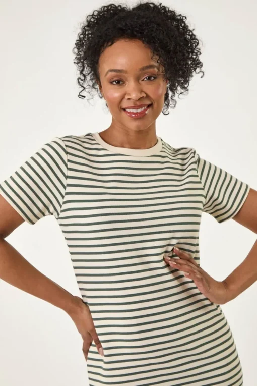 Roman Khaki Petite Stripe Knit Midi Dress
