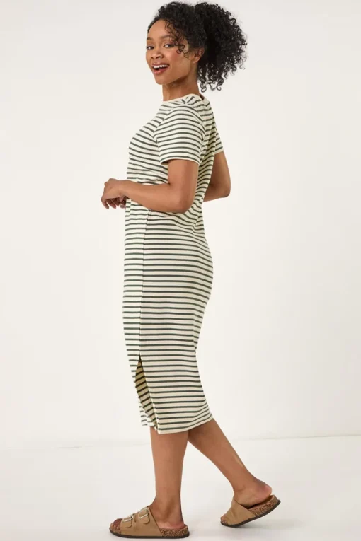 Roman Khaki Petite Stripe Knit Midi Dress