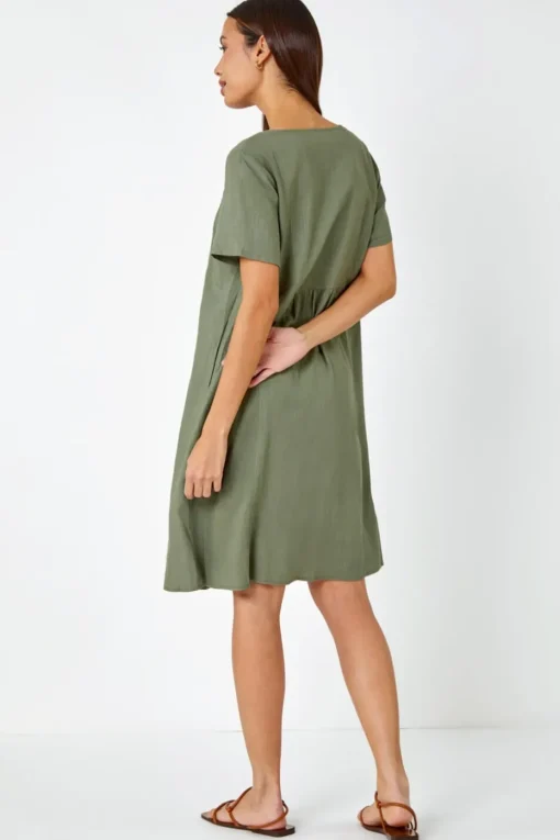 Roman Khaki Relaxed Cotton Blend Pocket Dress