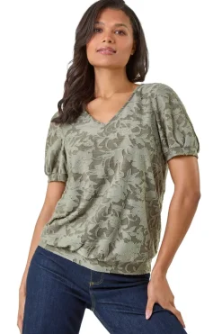 Roman Khaki Textured Floral Blouson Hem Stretch Top