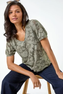 Roman Khaki Textured Floral Blouson Hem Stretch Top