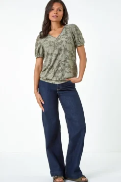 Roman Khaki Textured Floral Blouson Hem Stretch Top
