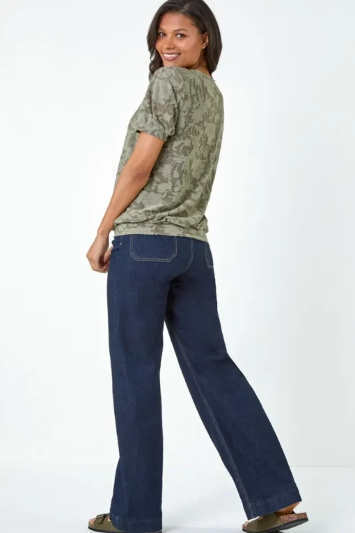 Roman Khaki Textured Floral Blouson Hem Stretch Top
