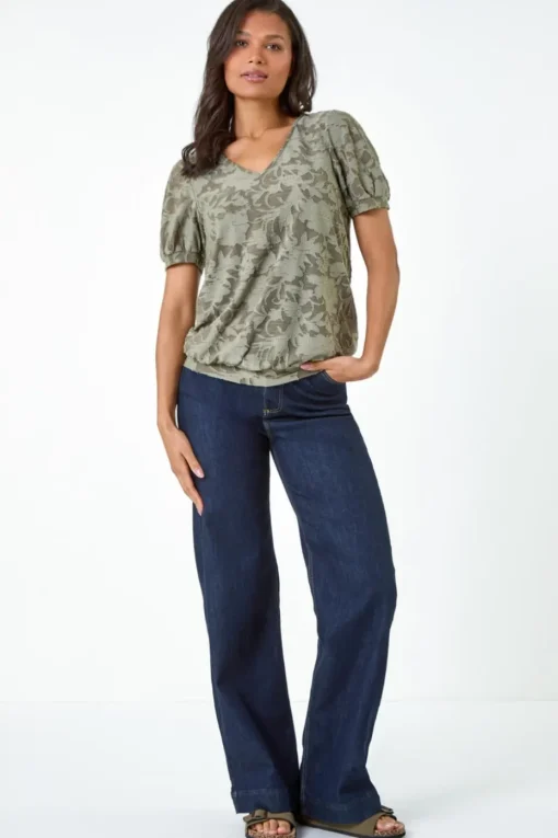 Roman Khaki Textured Floral Blouson Hem Stretch Top