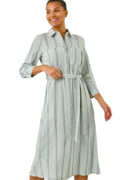 Roman Khaki Textured Stripe Belted Shirt Dress