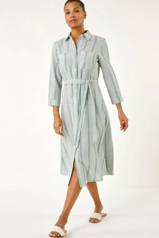 Roman Khaki Textured Stripe Belted Shirt Dress