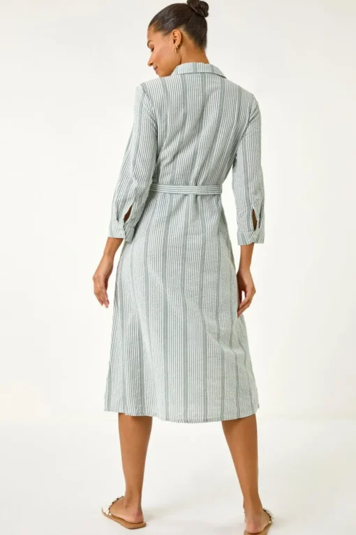 Roman Khaki Textured Stripe Belted Shirt Dress