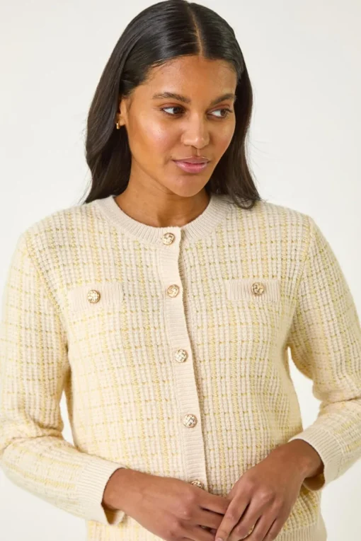 Roman Lemon Check Textured Button Knit Cardigan