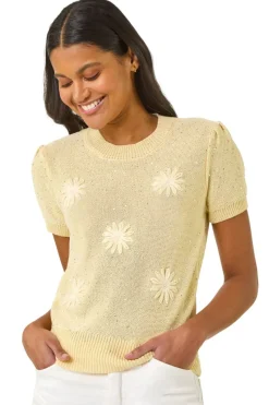 Roman Lemon Daisy Sequin Embroidered Knit Top
