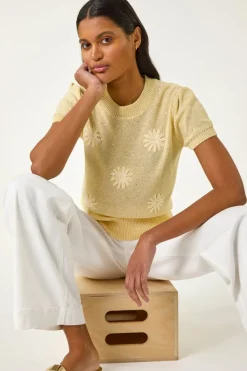 Roman Lemon Daisy Sequin Embroidered Knit Top