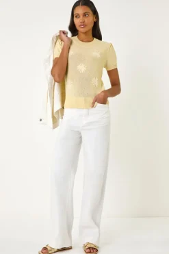Roman Lemon Daisy Sequin Embroidered Knit Top