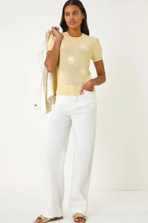 Roman Lemon Daisy Sequin Embroidered Knit Top
