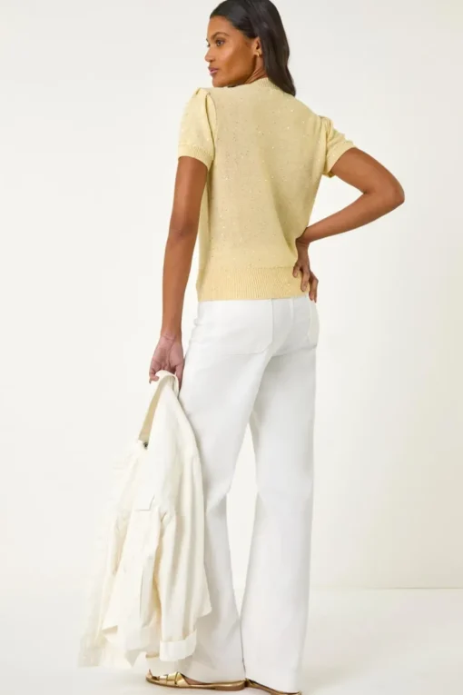 Roman Lemon Daisy Sequin Embroidered Knit Top