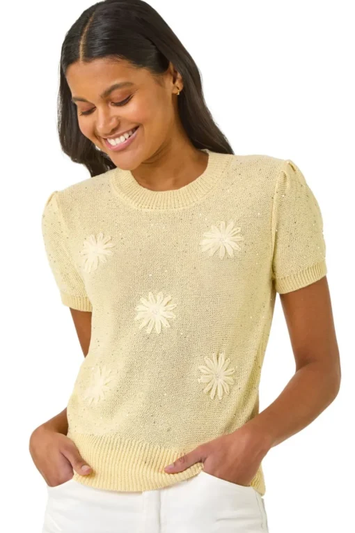 Roman Lemon Daisy Sequin Embroidered Knit Top