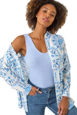 Roman Light Blue Abstract Print Collared Shirt