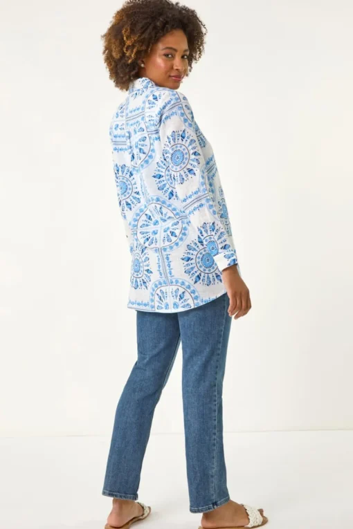 Roman Light Blue Abstract Print Collared Shirt