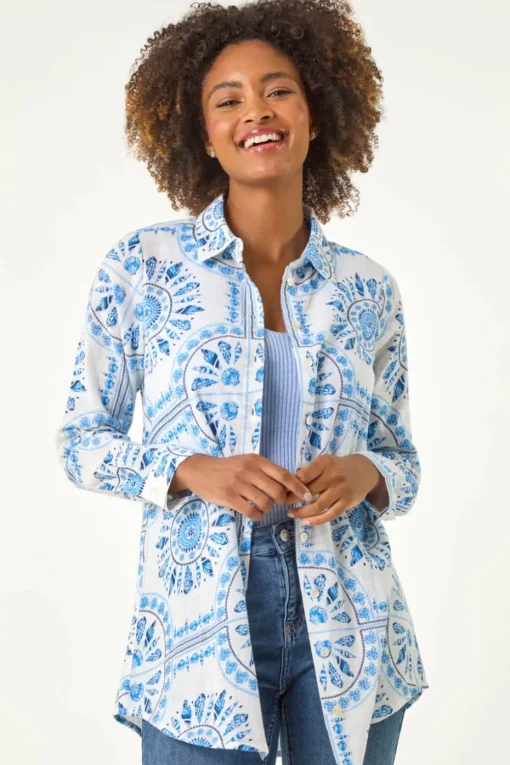 Roman Light Blue Abstract Print Collared Shirt