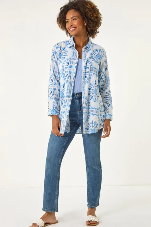 Roman Light Blue Abstract Print Collared Shirt