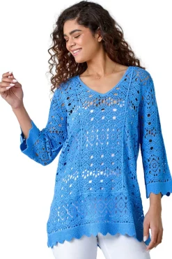 Roman Light Blue Cotton Crochet Tunic Top