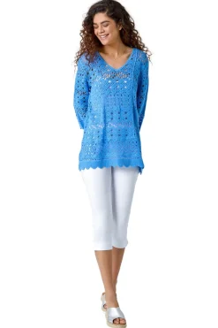 Roman Light Blue Cotton Crochet Tunic Top
