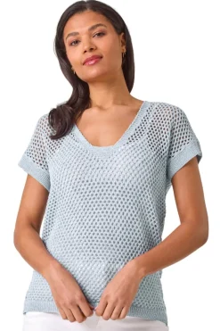 Roman Light Blue Double Layer Open Knit Top