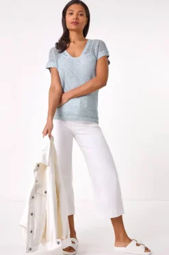 Roman Light Blue Double Layer Open Knit Top