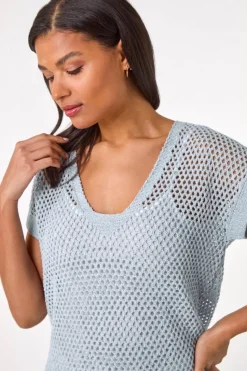 Roman Light Blue Double Layer Open Knit Top