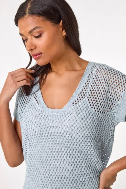 Roman Light Blue Double Layer Open Knit Top