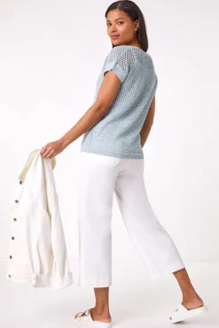 Roman Light Blue Double Layer Open Knit Top