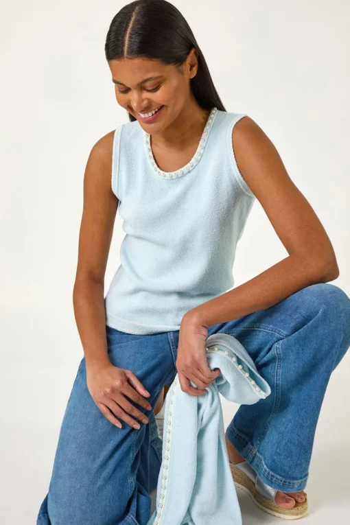 Roman Light Blue Pearl Detail Knit Vest