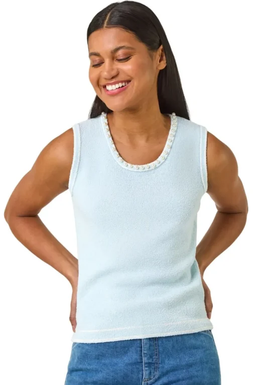 Roman Light Blue Pearl Detail Knit Vest