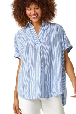 Roman Light Blue Stripe Pleated Neck Top