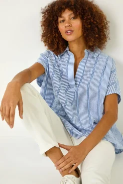 Roman Light Blue Stripe Pleated Neck Top