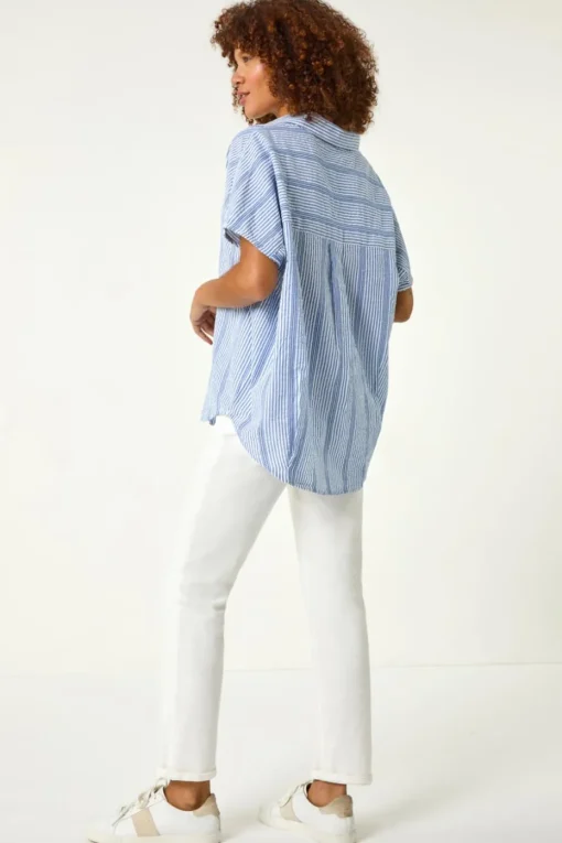 Roman Light Blue Stripe Pleated Neck Top