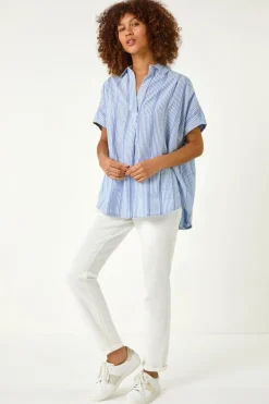 Roman Light Blue Stripe Pleated Neck Top