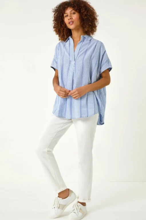 Roman Light Blue Stripe Pleated Neck Top