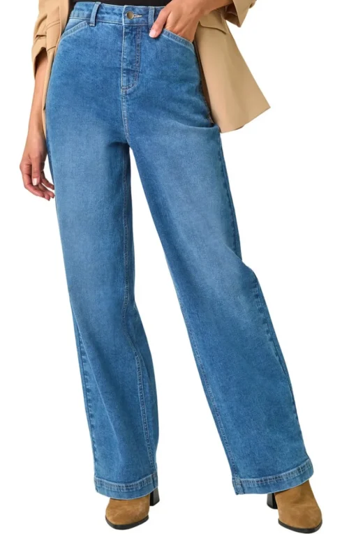 Roman Light Denim Cotton Blend Wide Leg Stretch Jeans