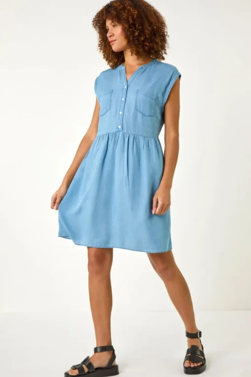 Roman Light Denim Denim Button Short Dress